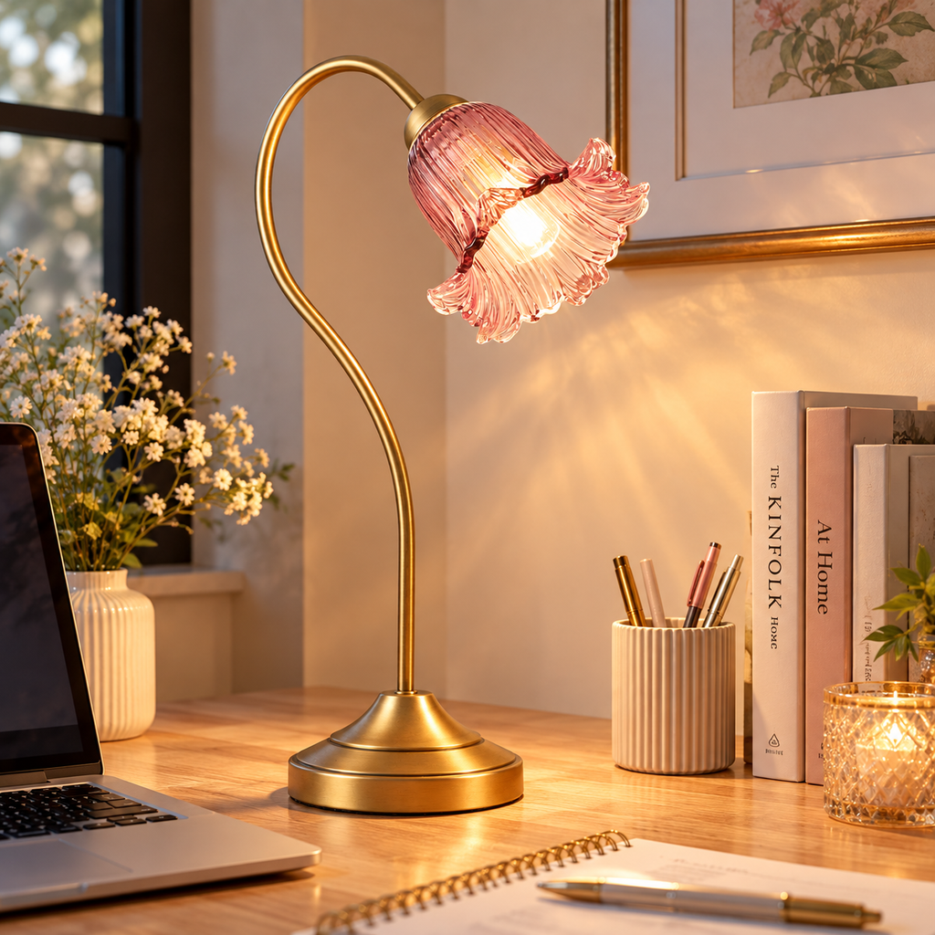 Vintage Pink Flower Desk Lamp with Gold Metal Base