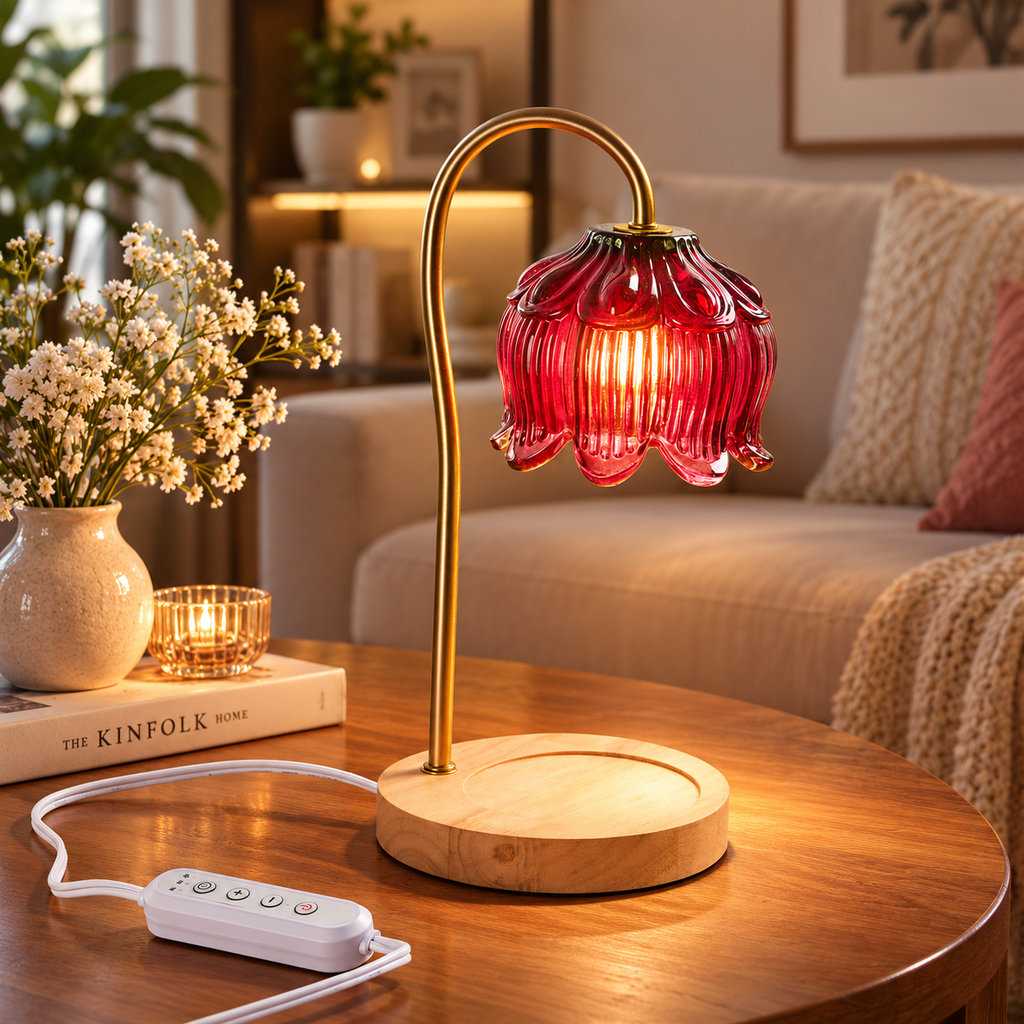 Red Glass Candle Warmer Lamp with Timer & Dimmer