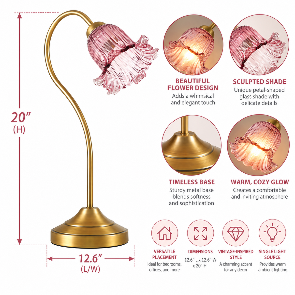 Vintage Pink Flower Desk Lamp with Gold Metal Base