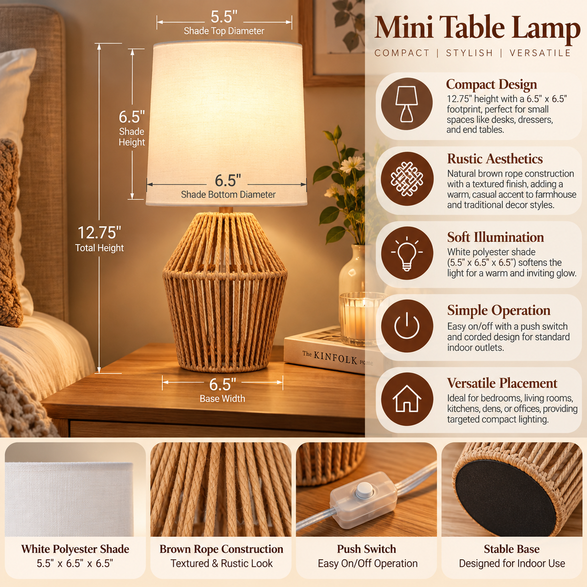 Mini Table Lamp with Brown Rope Base