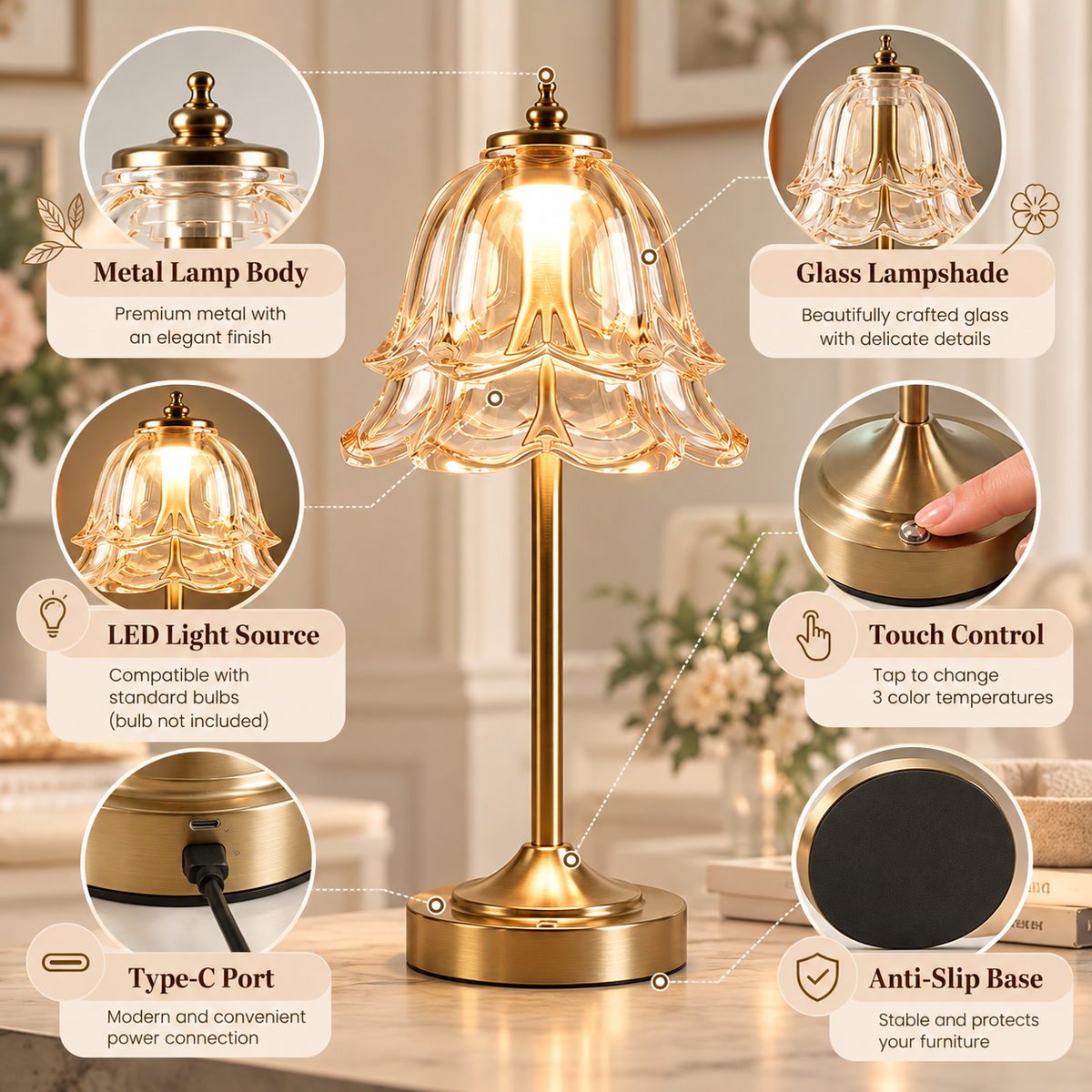 Pure Bloom Rechargeable Glass Table Lamp