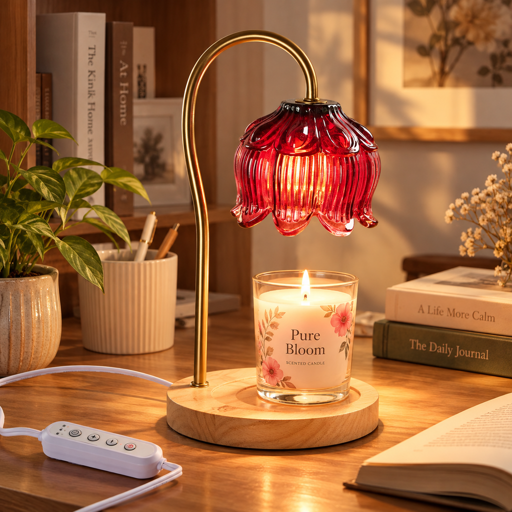 Red Glass Candle Warmer Lamp with Timer & Dimmer